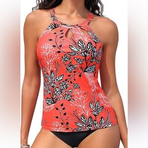 Womens High Neck Blouson Printed Tankini Top and Bottom Modest Swimsuit S